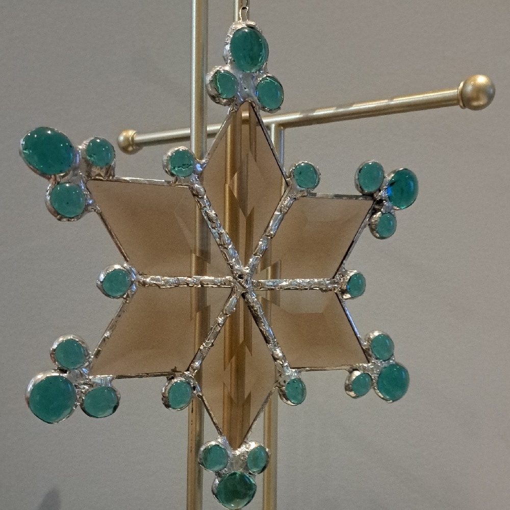 Artistic Handmade Stained Glass Green and Silver Glass Star/ Snowflake